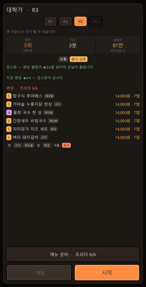 브리핑 화면 — 결승선 81만원, 합격 5위 안, 편성 여섯 장의 평균 별점